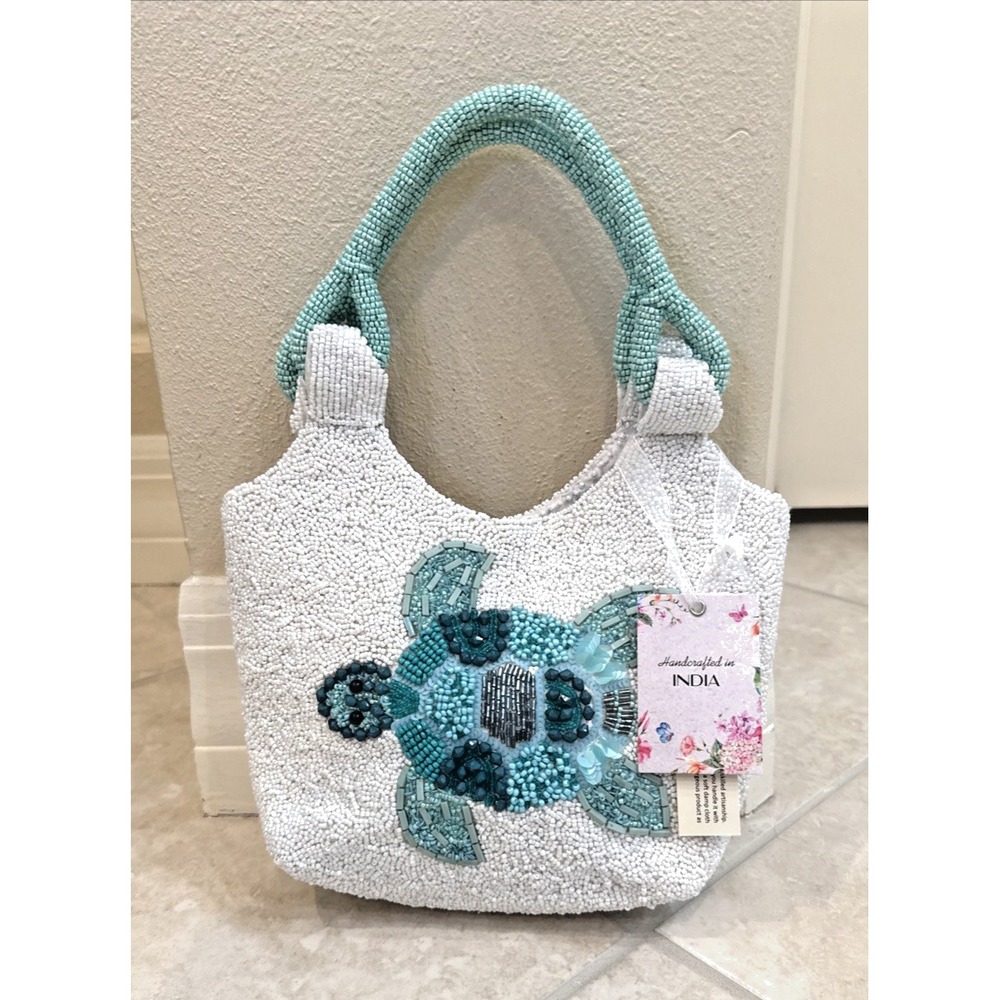 NWT Beaded Sea Turtle Handle Bag Handcrafted India Summer Art to Wear 10x8x2.5